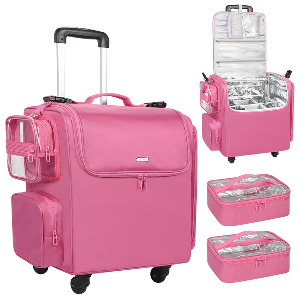 Rolling Hairstylist Makeup Train Case with 4 Wheels, Rose Pink