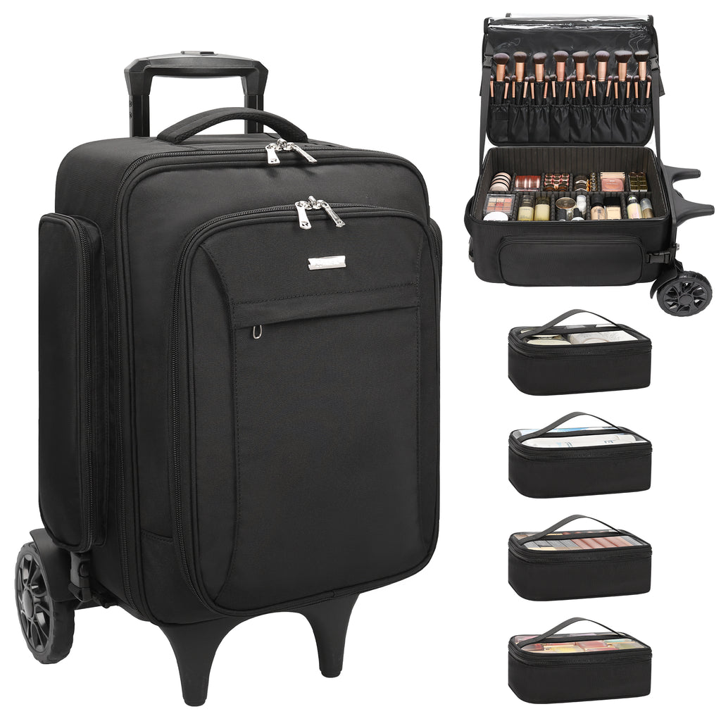Rolling Extra Large Professional Trolley Makeup Backpack With 4 Small Bags, Detachable Trolley And Large Wheels