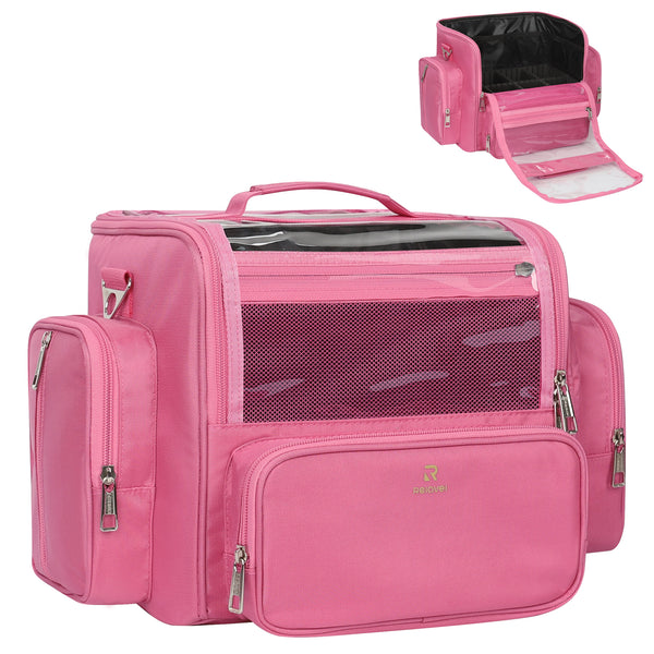 Clear Extra Large Makeup Brush Holder with Adjustable Strap and Dividers, Rose Pink