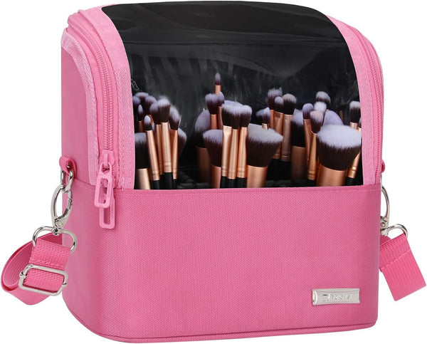 Makeup Brush Case with Shoulder Strap and Adjustable Divider (Large Rose Pink)