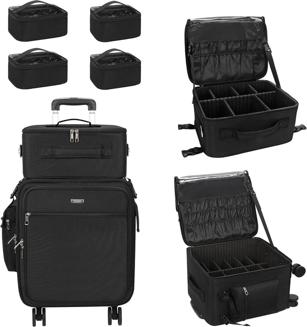 New Extra Large 2 in 1 Rolling Makeup Case With 4 Clear bags and 4 Removable 360° Spinner Wheels, Adjustable Dividers.In stock in the United States.