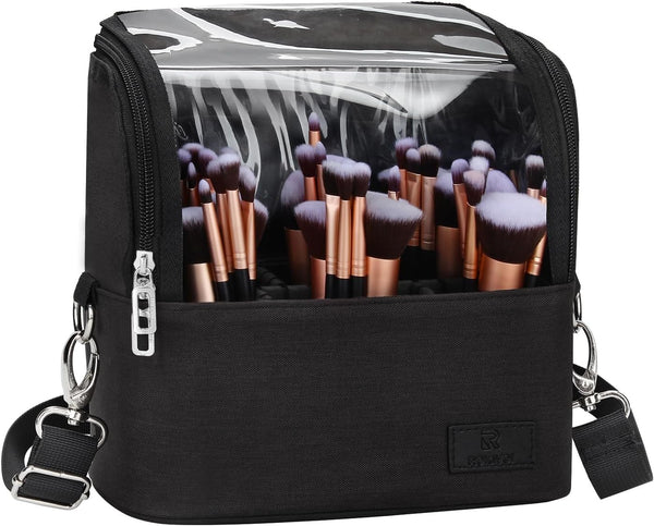 Makeup Brush Case with Shoulder Strap and Adjustable Divider (Large Black)