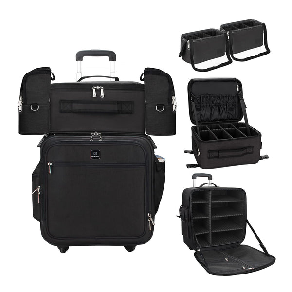 Relavel Rolling Makeup Case Professional Makeup Train Case Makeup Artist Travel Organizer 4 in 1 with Detachable Cosmetic Case and Dual Makeup Brush Case and Wheels (Black, 4-Pack)
