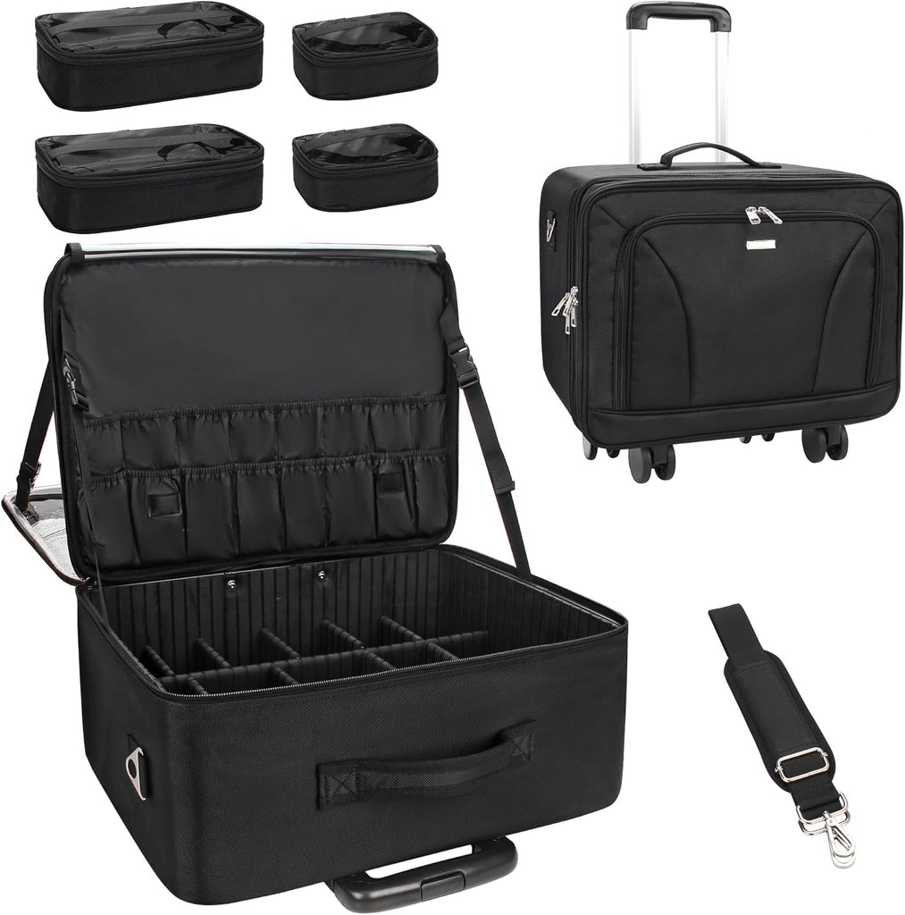 Rolling Extra Large 3-Layer Makeup Train Case With 4 Removable 360° Spinner Wheels, Adjustable Dividers