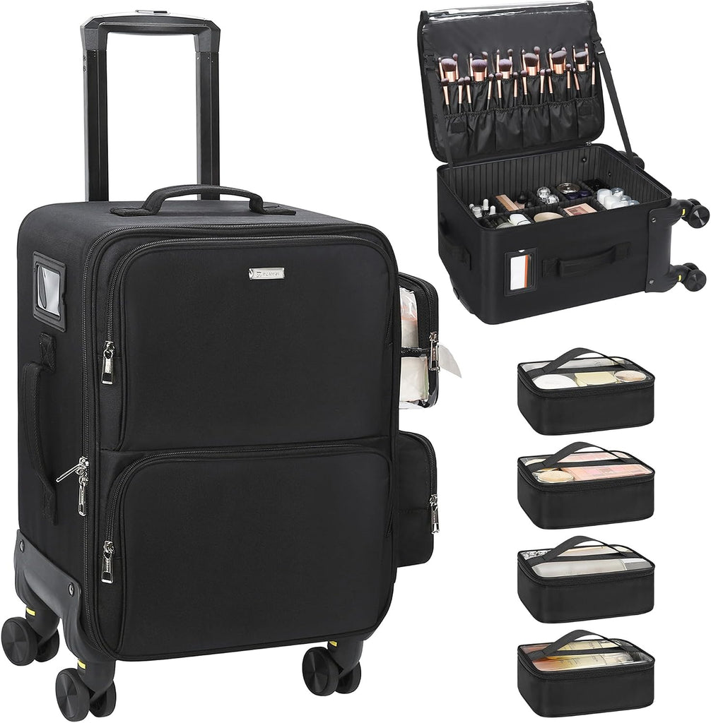 Rolling Vertical Makeup Case with 4 Clear Set Bags and 4 Removable 360° Spinner Wheels